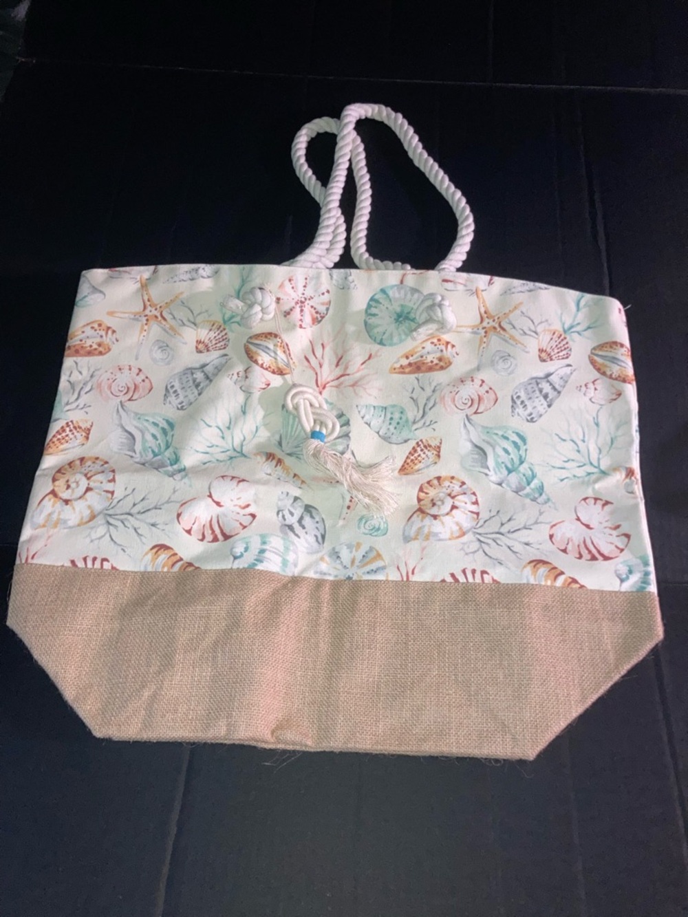 Source Unknown Shell-Print Canvas Tote in White, Tan, Aqua